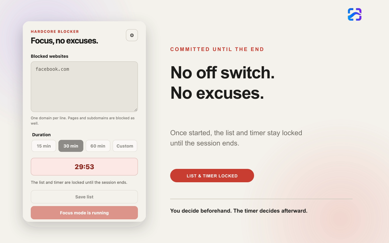Hardcore Website Blocker during an active session with a countdown and locked controls