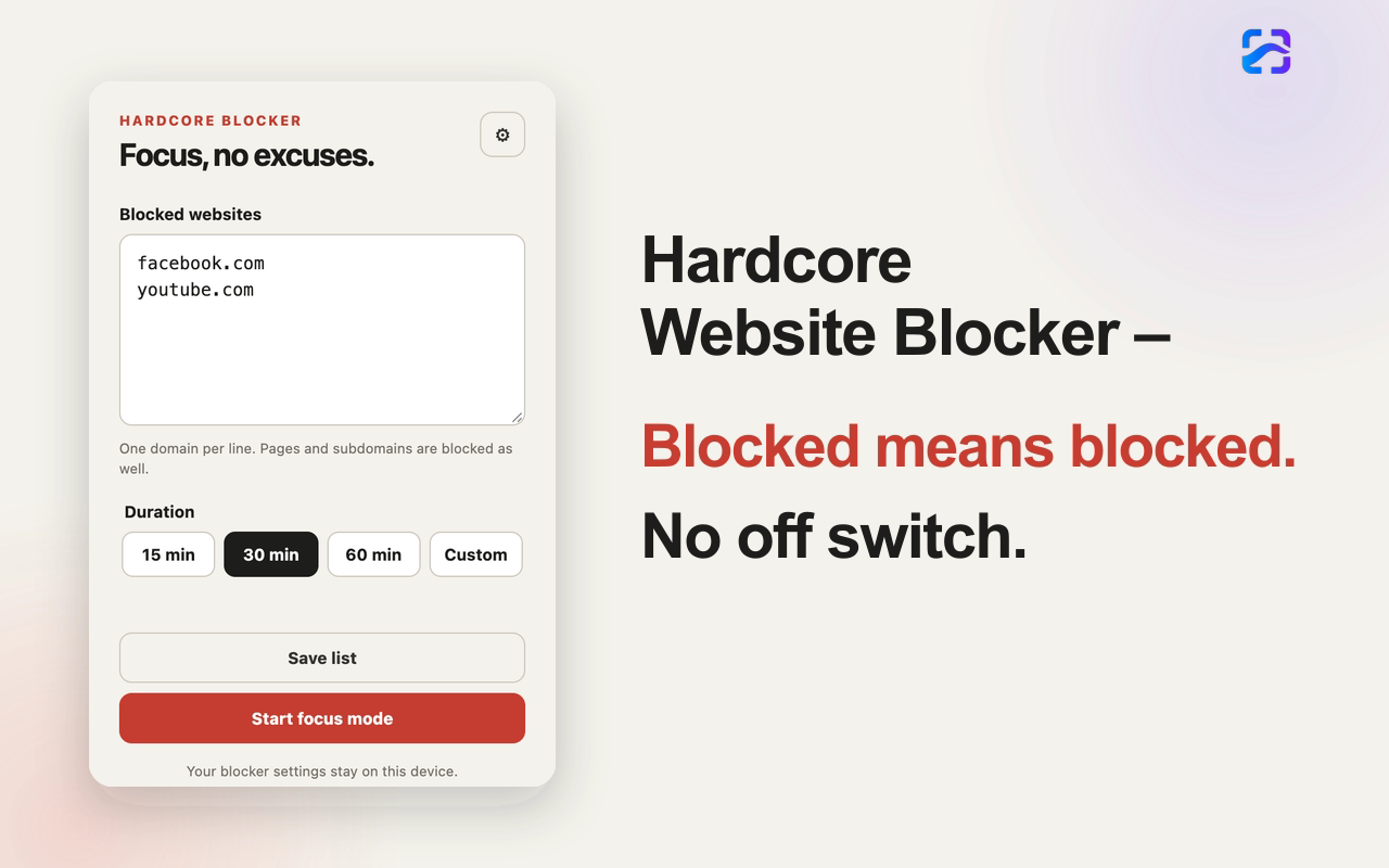 Hardcore Website Blocker interface showing blocked websites, timer controls and the start focus mode button