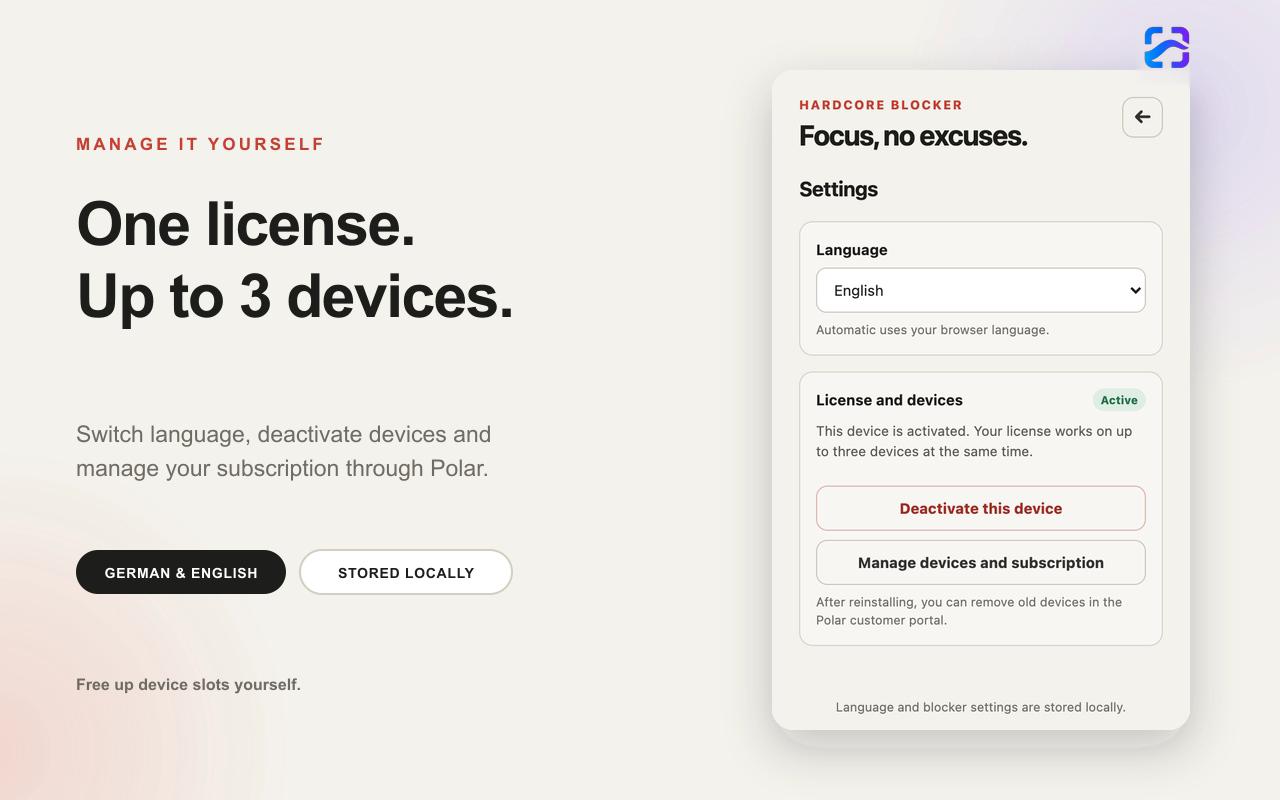 Hardcore Website Blocker settings showing language and license device management