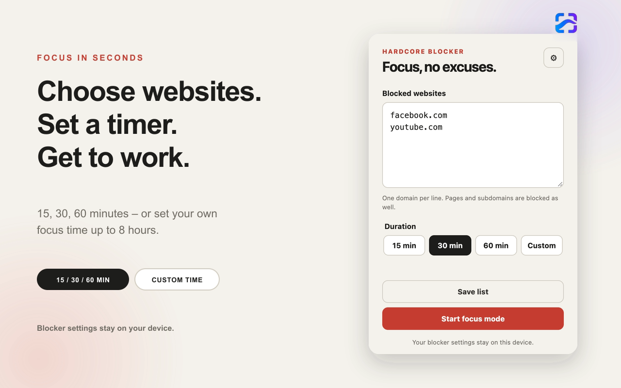 Hardcore Website Blocker setup view with website list and duration controls